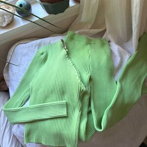 GIU GIU green rib ribbed knit one shoulder pull on pants set
